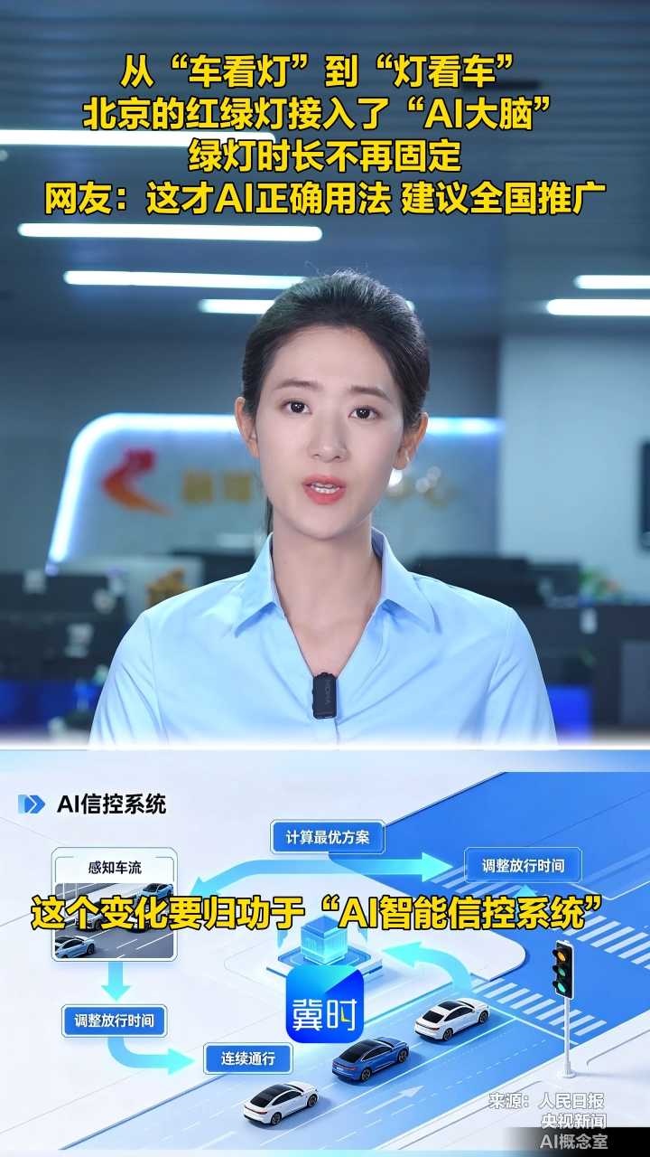 从 “车看灯” 到 “灯看车”，北京红绿灯接入 “AI 大脑”，绿灯时长不再固定！网友：这才是AI正确用法，建议全国推广。